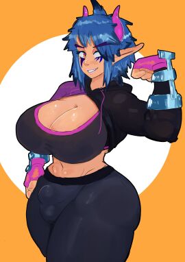 1futa balls big_breasts blue_hair breasts bulge cleavage clothed clothing dand_u elf flaccid flexing fully_clothed futa_only futanari humanoid intersex light-skinned_futa light_skin penis pointy_ears short_hair solo standing tan_body thick_thighs thighs wide_hips