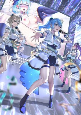 5girls aqua_sash asymmetrical_sleeves bare_shoulders blonde_hair blue_corset blush bow bow_skirt breasts color_coordination corset crinoline female gloves half-skirt hat highres holoforce hololive hololive_gen_0 hololive_gen_2 hololive_idol_uniform hololive_idol_uniform_(bright) hololive_japan holox hoshimachi_suisei idol idol_clothes kazama_iroha large_bow large_breasts layered_skirt long_hair mini_hat mishima_psycho multiple_females multiple_girls navel nipples nude official_alternate_costume oozora_subaru open_mouth overskirt pussy sakamata_chloe sash_bow sex short_hair skirt stage straight striped_sash sweat thighhighs tokoyami_towa two-sided_fabric two-sided_skirt uneven_sleeves vaginal_penetration virtual_youtuber waist_bow