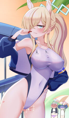 3girls absurdres after_sex ahoge animal_ear_fluff animal_ears bandaid bandaid_on_neck bikini black_vest blonde_hair blue_archive blue_eyes blue_hair blue_halo blue_jacket blush breasts clenched_teeth collarbone competition_swimsuit covered_navel cum dog_ears double_bun eyewear_on_head female fubuki_(blue_archive) fubuki_(swimsuit)_(blue_archive) gnoet grey_hair hair_bun hair_over_one_eye halo highres implied_after_sex jacket kanna_(blue_archive) kanna_(swimsuit)_(blue_archive) kirino_(blue_archive) kirino_(swimsuit)_(blue_archive) large_breasts long_hair long_sleeves looking_at_viewer multi_ear multiple_females multiple_girls official_alternate_costume one-piece_swimsuit open_clothes open_jacket open_vest pink_halo ponytail purple_bikini school_swimsuit shirt swimsuit teeth valkyrie_police_academy_swimsuit vest whistle whistle_around_neck white_one-piece_swimsuit white_shirt