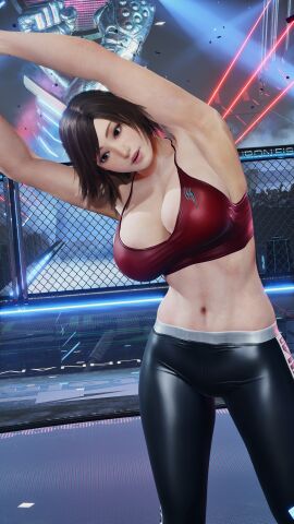 1girls asian asian_female big_breasts breasts brown_eyes brown_hair cleavage female female_only fit fit_female fully_clothed gym_pants huge_breasts japanese_female kazama_asuka posing solo sports_bra tekken tekken_8 thick_thighs tomboy