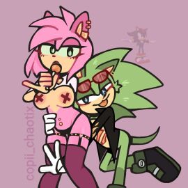 amy_rose big_breasts breasts copii_chaotix ear_piercing earrings eyewear_on_head female furry garter_straps gloves green_fur leather_jacket male multiple_boys multiple_males navel_piercing pink_fur rosy_the_rascal_(archie) scar scourge_the_hedgehog sega shadow_the_hedgehog shoes sonic_(series) sonic_the_hedgehog_(archie) sunglasses sunglasses_on_head thighhighs thong tongue tongue_out