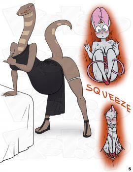 anthro bed black_clothing black_dress black_footwear black_shoes blush bottomless breasts brown_body brown_scales clothed clothing cobra dress duo female female/female female_prey footwear forked_tongue fur furniture genitals grey_body grey_fur hi_res internal ketsup larger_female larger_pred licking licking_lips long_ears mammal mouse murid murine oral_vore partially_clothed pussy raised_tail red_clothing red_dress red_eyes red_footwear red_shoes reptile rodent scales scalie shoes size_difference smaller_female snake solo tail tongue tongue_out vore