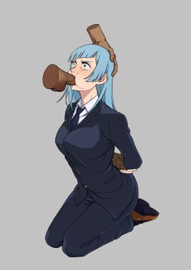 1girls blue-haired_female blue_hair bondage cheek_bulge crying dark-skinned_male dark_skin fellatio female hand_on_head hands_behind_back irrumatio jujutsu_kaisen kasumi_miwa male on_knees penis