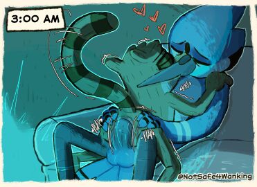 absurd_res anal anthro avian balls beak bird bodily_fluids canid canine cartoon_network clothed clothing digital_media_(artwork) duo english_text erection feathers fur genital_fluids genitals hair hi_res kissing kissing_while_penetrated male male/male male_penetrated male_penetrating male_penetrating_male mammal mordecai_(regular_show) nipples notsafeforwanking nude penetration penile penis procyonid raccoon regular_show rigby_(regular_show) sex simple_background smile tail text