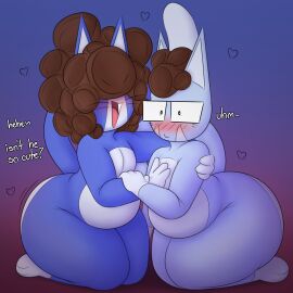 2boys ass blue_fur brother brothers brothers_(lore) buttercup_(chunknudies) cat_ears cat_tail chubby chubby_(chunknudies) chubby_male chunknudies curly_hair dialogue felid feline felis glasses hair_over_eyes hand_on_arm hand_on_chest hand_on_shoulder heart huge_ass humanoid light_blue_fur male male_only on_knees paws shortstack shy sibling_(lore) siblings tagme thick_ass thick_thighs whiskers white_fur