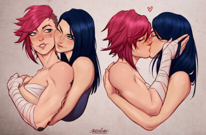 2girls arcane arm_wraps bondage breast_bondage caitlyn_kiramman kissing league_of_legends tagme valentinainat1 vi yuri