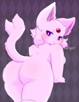 1girls 2023 :< absurd_res anthro ass big_ass big_butt biped blue_sclera blush breasts cheek_tuft colored digital_media_(artwork) eeveelution espeon eyelashes facial_tuft felid feline female female_anthro fluffy fluffy_tail forehead_gem forked_tail fur gem generation_2_pokemon hi_res kemono leaning leaning_forward looking_at_viewer looking_back looking_back_at_viewer luxiger mammal monotone_body monotone_fur monotone_tail nintendo nude pattern_background pink_body pink_ears pink_fur pink_inner_ear pink_tail pokemon pokemon_(species) pokemorph portrait presenting presenting_hindquarters purple_background purple_eyes raised_tail rear_view shaded short_stack signature simple_background solo standing tail thick_thighs three-quarter_portrait three-quarter_view tuft unusual_anatomy unusual_tail wide_hips