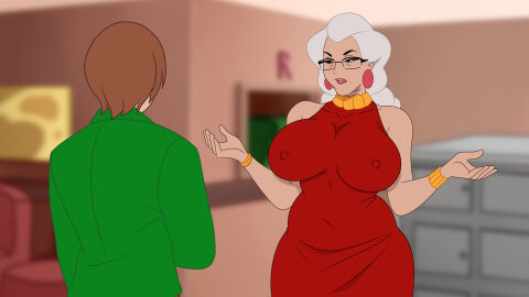 ass bbw big_ass big_breasts big_nipples breasts discreenvision female game_cg glasses grey_hair heels huge_breasts inusen lipstick milf milf_boom older_female red_dress