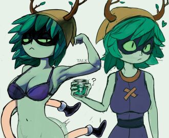 2024 2024s absurd_res adventure_time american_psycho american_psycho_(meme) antlers beverage bottomwear bra breasts cartoon_network clothed clothing container cup digital_media_(artwork) elemental_creature elemental_humanoid female flora_fauna green_body green_eyes green_skin hair hi_res holding_container holding_cup holding_object horn humanoid huntress_wizard leaf leaf_hair looking_at_viewer male male/female meme p0stalk partial_male patrick_bateman plant plant_hair plant_humanoid pose pseudo_hair sex simple_background standing tail topwear underwear
