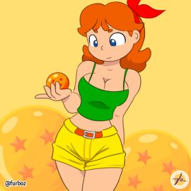 animated breasts cleavage crossover dragon_ball female furboz gif launch_(cosplay) light_skin mario_(series) object_between_breasts orange_hair princess_daisy shorts