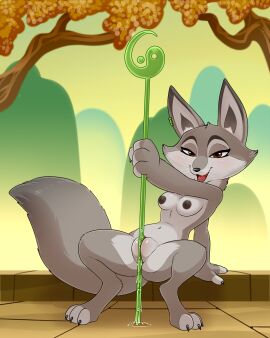 2024 3_toes 4_fingers anthro areola blush blush_lines bodily_fluids breasts brown_eyes canid canine claws corsac_fox dreamworks ear_piercing ear_ring fangs feet female fingers fox fur genital_fluids genitals grey_body grey_fur hi_res kung_fu_panda lonbluewolf mammal medium_breasts multicolored_body multicolored_fur navel nipples nude open_mouth piercing pussy ring_piercing solo staff teeth toes tongue true_fox two-tone_body two-tone_fur vaginal_fluids whiskers zhen_(kung_fu_panda)