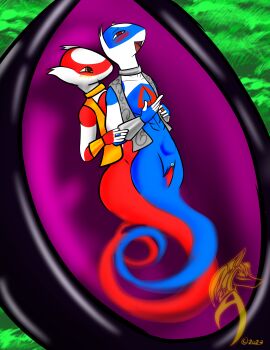 2023 adhiguna ahe_gao anthro blue_body blush bodyguard_position bottle bottomless clothed clothing collar container countershading cuff_(restraint) cuntboy cuntboy/futa duo eon_duo from_behind_position futanari generation_3_pokemon genie genitals gold_(metal) gold_jewelry grey_clothing grey_topwear grey_vest hi_res inside intersex intersex/intersex jewelry latias latios layla_(shockwave) legendary_duo legendary_pokemon looking_pleasured mega_stone nintendo penetration penis pokemon pokemon_(species) pokemorph pussy red_body red_eyes restraints sex silver_(metal) silver_jewelry standing standing_sex topwear vaginal_penetration vest white_body white_countershading wrist_cuffs yashim_(shockwave) yellow_eyes