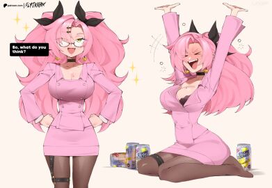 1girls big_breasts blush breasts clothed clothing color english_text female female_focus female_only flytrapxx glasses green_eyes hi_res large_breasts light-skinned_female light_skin long_hair looking_at_viewer mihoyo nicole_demara office_clothing office_lady pink_hair solo solo_female tagme text thick_thighs zenless_zone_zero