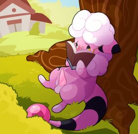 absurd_res balls batruse blush bodily_fluids book clemmy_the_flaaffy detailed_background embarrassed erection eyewear fan_character feral flaaffy generation_2_pokemon genitals glasses gloves_(marking) grass hi_res hiding_face jewelry leg_markings looking_at_porn magazine male markings necklace nintendo outside penis plant pokemon pokemon_(species) pornography socks_(marking) solo sweat tapering_penis tree wearing_glasses yellow_eyes