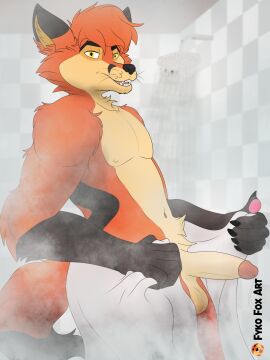 3:4 anthro balls bathroom canid canine claws erection fox fur fur_markings fyko_fox fyko_fox_(character) genitals hi_res humanoid_genitalia humanoid_penis male mammal markings penis shower solo steam towel