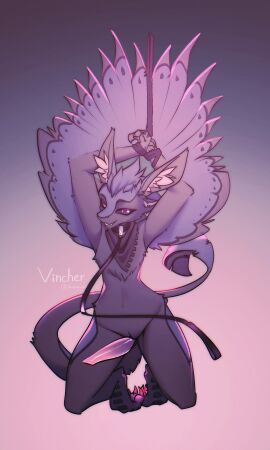 absurd_res avali collar feathers genitals hi_res kerchief kneeling leash male neckerchief neckwear penis purple_eyes solo vincher vortex_(vortexsleeps) wings