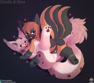 absurd_res anthro blush bodily_fluids canid canine cuddling cum cum_inside duo female female/female fox genital_fluids genitals hi_res horn hug lying mammal multi_tail pussy senz tail text