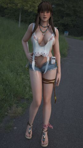 1girls 3d blue_eyes breasts brown_hair busty dead_or_alive female female_focus female_only hitomi_(doa) hitomiluv3r hourglass_figure human large_breasts light-skinned_female light_skin long_hair long_legs makeup outdoors outside pinup pose skimpy skimpy_clothes solo straight_hair tagme thighs wide_hips
