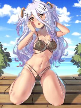 breasts brown_bikini female henya_the_genius kagato007 looking_at_viewer posing posing_for_the_viewer purple_hair small_breasts tongue tongue_out two-tone_hair virtual_youtuber vtuber white_hair yellow_eyes