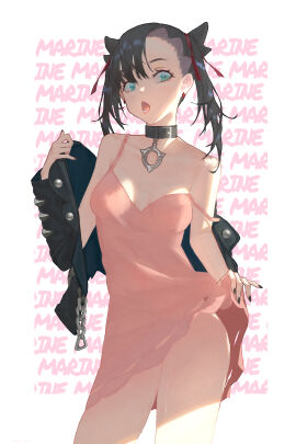 absurdres aroused asymmetrical_bangs black_collar black_hair black_jacket black_nails blue_eyes breasts character_name chinese_commentary cleavage clothes_down clothes_lift collar collarbone cowboy_shot dress dress_lift female hair_between_eyes hair_ribbon highres in_heat jacket lifting_own_clothes long_hair looking_at_viewer marnie_(pokemon) nail_polish no_panties off_shoulder open_mouth piercing pink_dress pokemon pokemon_ss pussy pussy_juice red_ribbon ribbon short_dress sleeveless sleeveless_dress small_breasts solo standing tongue tongue_out tongue_piercing twintails typo white_background