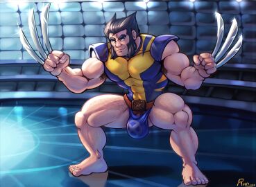 armpit_hair bara beard biceps big_bulge bulge claws clothing flaccid logan_(x-men) male male_only marvel marvel_comics muscular muscular_male penis penis_outline rho_art solo solo_male tight_clothing underwear wolverine_(x-men) x-men yaoi