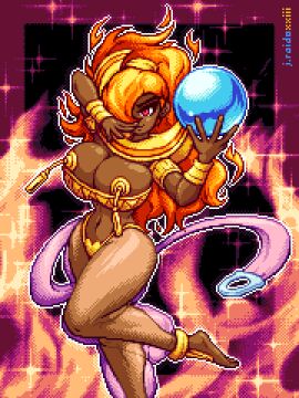 armlet barefoot big_breasts bracelet breasts busty capcom cleavage corset dark-skinned_female dark_skin djinn female female_focus female_only genie genie_girl hourglass_figure j.raido large_breasts long_hair pixel_(artwork) pixel_art power_stone red_hair rouge_(power_stone) shoulder_pads tagme wide_hips