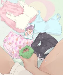 1boy bad_id bad_twitter_id bar_censor black_panties blue_bra blunt_bangs bra camisole cellphone cellphone_photo censored childish_panties collared_shirt dot_nose female green_scrunchie high_ponytail highres holding holding_microphone hyakumangoku_masurao iphone male male_masturbation manaka_non masturbation microphone motion_lines open_mouth panties penis penis_scrunchie phone pink_camisole pink_panties polka_dot polka_dot_panties pov pov_crotch pov_hands pretty_series print_panties pripara purple_eyes purple_hair scrunchie shirt smartphone sound_effects syn_sophia takara_tomy underwear unworn_bra unworn_panties white_bra white_shirt