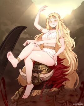 1boy 1girls 4_arms armor arms_up bandai_namco barefoot blonde_female blonde_hair braided_hair breasts crossed_legs crown duo elden_ring feet female female_on_male fromsoftware gate_of_divinity genderswap genderswap_(mtf) golden_eyes hand_on_leg highres jewelry legs_up light-skinned_female light_skin lipstick long_hair looking_at_viewer looking_down_at_viewer male miquella multi_arm multi_limb nipples rezodwel rule_63 sfw sitting sitting_on_head size_difference smooth_skin starscourge_radahn thick_legs thighs toes very_long_hair white_dress yellow_eyes