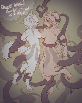 all_the_way_through anal aros_(artist) brown_fur furry horns nose_ring oral red_eyes tagme tentacle tentacle_link vaginal_penetration white_fur yuri