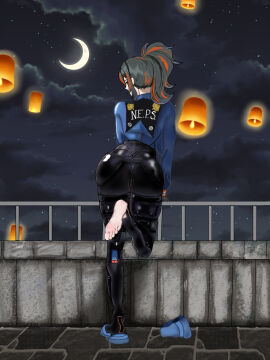 ass_focus back_view backboob background barefoot big_ass big_breasts big_butt big_thighs black_hair blue_sneakers breasts clothed clouds feet feet_focus female female_only foot_fetish footwear fully_clothed gloves guard_rail lantern latex latex_clothing latex_legwear looking_at_viewer moon mungauba night night_sky officer orange_eyes orange_highlights pink_feet police police_uniform policewoman ponytail rooftop seductive seductive_gaze sexy sexy_pose simple_background simple_eyes skin_tight sky sneakers soles stars stone_floor stone_wall toes uniform white_skin zenless_zone_zero zhu_yuan