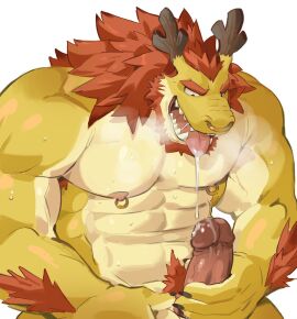 1boy arm_hair bara dragon_boy dragon_horns facial_hair furry furry_male horns male male_focus male_masturbation male_only masturbation muscular muscular_male nipple_piercing nipples nose_piercing original penis piercing pubic_hair saliva saltypoundcake sweat tongue tongue_out white_background yaoi