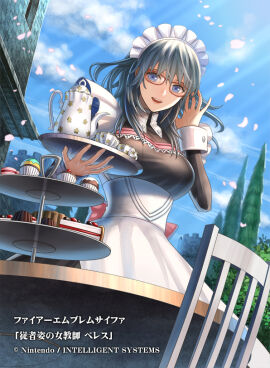 1girls adjusting_eyewear artist_request black_hair blue_eyes blue_sky breasts byleth_(fire_emblem) byleth_(fire_emblem)_(female) cake cake_slice chair cloud cloudy_sky commentary_request company_connection company_name copyright_notice cup cupcake day detached_sleeves female female_byleth_(fire_emblem) female_focus female_only fingernails fire_emblem fire_emblem:_three_houses fire_emblem_cipher food hair_ornament holding long_hair long_sleeves looking_at_viewer maid maid_headdress medium_breasts nintendo official_art open_mouth outdoors pastry red-framed_eyewear sky smile solo sunlight table teacup tiered_tray tray