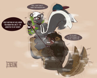 abe_(abe.) anthro anus ass bodily_fluids butt_sniffing canid canine canis collar dialogue domestic_dog duo faeriin female holding_butt leash leashed_collar looking_at_another looking_at_partner looking_back looking_back_at_another looking_back_at_partner male male/female mammal mephitid musk musk_fetish musky_butt nude raised_tail saundra_(faeriin) skunk smelly sniffing speech_bubble sweat sweaty_ass sweaty_butt tail tail_motion tailwag