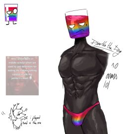 1boy abs black_body buff color colored cup_of_rainbow_(object_kerfuffle) diantha_tha_dog english english_text gay gay_cup male male_only meme_in_the_background muscular muscular_male object_head object_kerfuffle object_show object_shows rainbow_underwear self_upload solo_male sweatdrop text underwear white_background