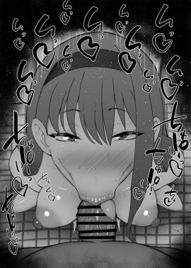 1boy 1girls :>= bare_shoulders big_breasts big_penis black_and_white blush breasts censored dark-skinned_male dark_skin detailed_background drooling erect_nipples eyelashes fellatio female headband heart houkobaru_hibari human indoor inside kurotama long_hair looking_at_viewer make_heroine_ga_oo_sugiru! male male_pov nipples oral oral_sex penis room saliva shiny shiny_skin sketch sound_effects squatting sweat text tongue tongue_out vein veins veiny veiny_penis