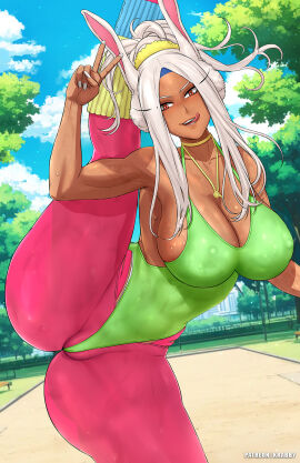 abs animal_ears bangs bare_shoulders blue_sky blush breasts bunny_ears bunny_girl cameltoe camera choker cleavage clothing cloud covered_navel dark-skinned_female dark_skin day female female_only flexible green_leotard hair_ornament high_ponytail highleg highleg_leotard jewelry krabby_(artist) large_breasts leg_up leotard licking_lips long_eyelashes long_hair looking_at_viewer mirko miruko muscles muscular muscular_female my_hero_academia navel necklace one-piece_swimsuit open_mouth outdoors pants ponytail pussy red_eyes rumi_usagiyama shiny shiny_skin skin_tight sky smile solo split standing standing_on_one_leg standing_split sweat swimsuit tail thick_thighs thighs tongue tongue_out tree usagiyama_rumi v white_hair