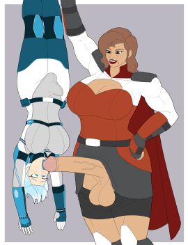 athorment athorment_oc balls blue_eyes brown_eyes brown_hair bulge cleavage clothed_sex dark-skinned_futa dark_skin defeated_heroine exemplary_(athorment) futa_on_futa futa_only futanari height_difference imminent_rape intersex intersex/intersex intersex_only large_balls large_penis large_testicles latina light-skinned_futa light_skin lipstick oral_rape penis shiver_(raindle) size_difference superheroine tagme testicles upside-down veiny_penis white_hair