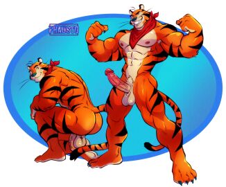 1boy abs artist_name ass balls bandana bara biceps double_biceps_pose erection flexing foreskin fully_retracted_foreskin furry furry_male highres huge_ass huge_cock kellogg's large_pectorals male male_focus male_only masculine_male mature_male muscular muscular_male nipples nude pectorals penis phausto retracted_foreskin signature simple_background smirk solo squatting teeth testicles thick_arms thick_eyebrows thick_thighs thighs tiger_boy tony_the_tiger uncircumcised unretracted_foreskin veins white_background yaoi