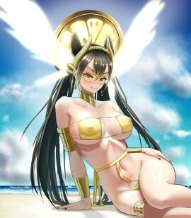 beach blush breasts closed_mouth eyepatch_bikini female large_breasts late_(late327) looking_at_viewer nipple_bulge ohime_the_manifested_mikanko seductive_look smile yellow_bikini yokozuwari yu-gi-oh!