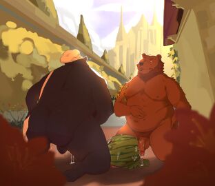 2boys 2d absurd_res absurdres american_black_bear anthro apron apron_aside arm_tuft backsack balls ballsack bara bear beard belly_rub black_bear bodily_fluids botterbassard brown_bear brown_beard brown_eyebrows brown_facial_hair brown_pubes castle chef chef_hat clothing cloud cum cum_drip cum_on_ground day detailed_background digital_media dripping duo ejaculation elbow_tuft eyebrows facial_hair flower food food_fetish food_play foreskin fruit fruit_penetration furry garden genital_fluids genitals hand_on_hip hat headgear headwear hi_res highres improvised_sex_toy kneeling light male male_only mammal masturbation melon mostly_nude musclegut nude one_eye_closed onomatopoeia penis plant pubes short_tail shoulder_tuft sky sound_effects sunlight tail testicles text tree tuft uncircumcised ursine vein veiny_penis vines watermelon yaoi