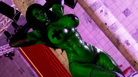 1girls 3d abs arms_behind_head big_breasts black_hair breasts busty collar curvaceous curvy curvy_figure doom4rus female female_only fishnet_stockings g-string green-skinned_female green_body green_eyes green_skin hips hourglass_figure huge_breasts hulk_(series) large_breasts marvel marvel_comics muscular muscular_female she-hulk solo stockings taped_nipples thong waist wide_hips