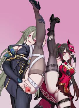 2girls :d absurdres black_dress black_gloves black_sleeves breasts brown_hair censored china_dress chinese_clothes cleavage cleavage_cutout clothing_cutout dress fingerless_gloves fox_mask gloves grey_hair high_heels highres honkai:_star_rail honkai_(series) honkai_impact_3rd kneepits large_breasts long_hair looking_at_another luo_tian_er mask mosaic_censoring multiple_girls open_mouth pink_background pink_eyes pussy red_dress single_glove single_sleeve smile sparkle_(fictitious_game)_(honkai:_star_rail) sparkle_(honkai:_star_rail) split spread_pussy standing standing_on_one_leg standing_split tattoo teardrop_tattoo v vita_(honkai_impact) vita_(lone_planetfarer)_(honkai_impact)