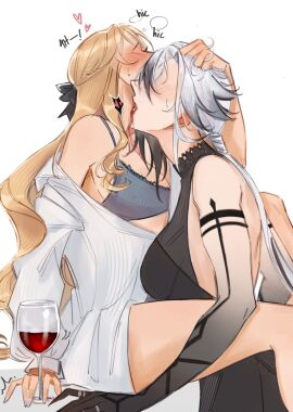 2girls arlecchino_(genshin_impact) babylo669 between_legs black_dress black_streaks blonde_hair blush bra breasts cleavage colored_extremities commentary cup dress drinking_glass english_commentary genshin_impact grey_bra heart highres large_breasts licking licking_another's_neck long_hair multiple_girls navia_(genshin_impact) red_wings shirt simple_background sweat underwear white_background white_hair white_shirt wine_glass wings yuri