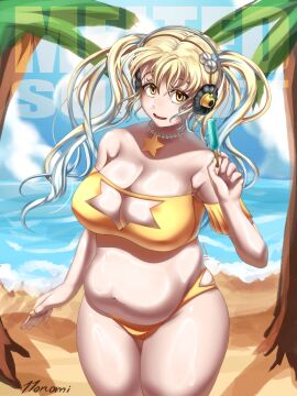 11onomi 2024 artist_name bangs beach belly bellybutton big_breasts blonde_female blonde_hair blue_hair boob_window breasts brown_eyes chubby chubby_belly chubby_female chubby_woman clouds dyed_hair female female_focus female_only food golden_eyes headphones huge_breasts ice_cream light-skinned_female light_skin long_hair manicure melting_ice_cream nitroplus open_mouth overweight overweight_female palm_tree pearl_necklace pearls ponytail popsicle sand sea self_upload shiny_skin smile smiling_at_viewer solo solo_female solo_focus star star_necklace summer sunny super_pochaco sweat swimsuit thick_thighs thighs tongue twintails twintails_(hairstyle) yellow_nails yellow_swimsuit