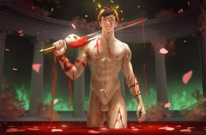artistic_nude balls blood_bath casual_nudity cum cum_on_body cum_on_self deity erection european_mythology foreskin greek_mythology hades_(game) heterochromia laurel_crown looking_at_viewer looking_down looking_down_at_viewer low-angle_view male male_only muscular muscular_male mythology nipples nude nude_male penis petals petals_on_liquid pubic_hair public_domain smile smirk solo solo_male sword testicles uncircumcised uncircumcised_penis uncut zagreus zarory