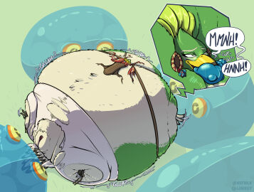 2024 absurd_res amali_(tloz) anthro avian beak belly big_belly breath_of_the_wild female genitals hi_res huge_belly inflation lowkey nintendo nsfwlk pussy rito solo spherical_inflation text the_legend_of_zelda