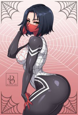 asian asian_female ass bandana_over_mouth bedroom_eyes black_hair blannis_art bodysuit breasts cindy_moon curvy curvy_female curvy_figure face_mask female highres horny_female huge_ass huge_breasts looking_at_viewer marvel marvel_comics mask masked_female milk orange_eyes pink_background silk_(marvel) spider-man_(series) spider_web_print suggestive suggestive_look suggestive_pose webs