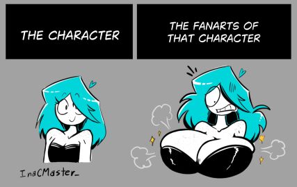 1girls 2koma artist_name before_and_after blue_hair breast_expansion breast_growth breast_growth_(enlargement) breasts canon_vs_fanon comparing english_text eyelashes female female_focus female_only freckles inacmaster massive_breasts meme nerida_(inacmaster) one_eye_obstructed original shocked texy white_body