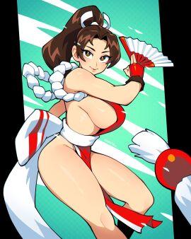 1girls 333_(dqqqdle) breasts brown_eyes brown_hair fatal_fury female female_only hi_res king_of_fighters loincloth long_hair looking_at_viewer mai_shiranui ponytail sideboob skimpy skimpy_clothes smiling smiling_at_viewer snk solo