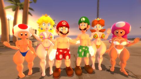 3boys 3d 3girls alternate_version_available beach big_breasts big_thighs bikini black_eyes blonde_hair blue_eyes boots boxers breasts brown_hair cap crown curvy earrings female flower_earrings ginger_hair gloves heels_removed kabalmystic_(style) light-skinned_female light-skinned_male light_skin lips lipstick long_hair looking_at_viewer luigi male mario mario_(series) moustache multiple_boys multiple_females multiple_girls multiple_males nintendo nipples open_mouth outdoors pink_lipstick princess_daisy princess_peach shoes shoulder_length_hair speedo swimsuit thhypercombine thighs toad_(mario) toadette twintails white_gloves